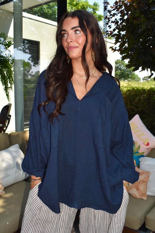 Sandbar Linen Blend Pop Over Shirt Navy 